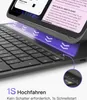 Close-up of a tablet keyboard with a tablet attached, showing purple graphic elements indicating connectivity or features. Produktbild-Vorschau