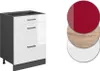 A kitchen cabinet unit with three drawers and three circular color swatches next to it. Náhled obrázku produktu