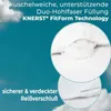 A marketing image for a pillow, showing its filling and zipper. Produktbild-Vorschau