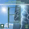 A green metal garden gate is shown against a split background depicting bright sun and clouds on one side, and a stormy sky with lightning and rain on the other. Icons for sunny and rainy weather are present. Produktbild-Vorschau