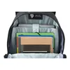 The inside of a backpack is shown, filled with notebooks and a laptop. Produktbild-Vorschau