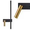 A product image of a black and gold wall lamp with two light fixtures. Produktbild-Vorschau