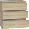 A front view of a light brown wooden chest of drawers with three drawers, two of which are partially open. Podgląd zdjęcia produktu