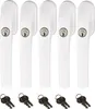 Five white window handles with integrated locks and ten keys are displayed against a white background. Produktbild-Vorschau