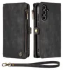 A black leather wallet case for a Samsung Galaxy A26 5G phone is shown from the front and back, with a detachable wrist strap. Produktbild-Vorschau