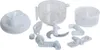 A collection of white plastic kitchen appliance parts, including a chopping bowl, blades, and handles, arranged on a white background. Náhľad obrázku produktu