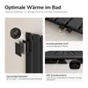 Marketing image showing details of a black radiator. Produktbild-Vorschau