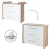 A product image showing a chest of drawers with a changing table attachment, and a separate image of the chest of drawers without the attachment. There is also a circular graphic with people icons and text. Anteprima dell’immagine prodotto