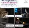 Collage of four scenes showing the product's versatility in different rooms: a baby in a crib, a man watching TV, a person sleeping in a bed, and a woman reading on a couch. Produktbild-Vorschau