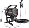 A VEVOR airless paint sprayer with its accessories, including a spray gun and hose, is shown against a white background. Dimensions are indicated with lines and text. Produktbild-Vorschau