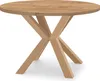 A round wooden dining table with a distinctive criss-cross leg design, isolated on a white background. Voir les images du produit