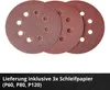 Three round sanding discs with holes are arranged in a stack. Below the discs is a dark background with white text. Produktbild-Vorschau