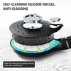 An exploded view diagram of a shower head, highlighting its self-cleaning silicone nozzle and anti-clogging features. Produktbild-Vorschau