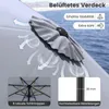 A close-up view of a gray umbrella's vented canopy with airflow graphics, and inset images showing the umbrella's ribs and pole. Produktbild-Vorschau
