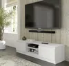 A modern living room with a TV stand and a large television mounted on a wood-paneled wall. Voir les images du produit
