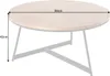 A round coffee table with a wooden top and a metal base, shown with dimensions indicated. Produktbild-Vorschau