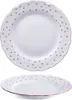 Two views of a white ceramic plate with a red rim and a pattern of small red flowers and gray dots. Voir les images du produit
