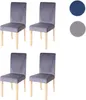 Four gray dining chairs with light wooden legs are arranged in two rows on a white background. Two color swatches, one blue and one gray, are shown in the upper right corner. Voir les images du produit