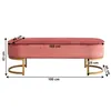 A pink velvet bench with gold metal legs, shown from the side with dimensions indicated. Náhľad obrázku produktu