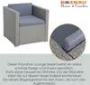 A polyrattan lounge chair with cushions, shown from the front and a close-up of the cushion and weave. Marketing text is present below. Produktbild-Vorschau