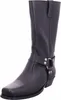 A black leather boot with a harness strap and buckle. Voir les images du produit
