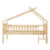 A wooden house bed frame with a ladder, shown from the side against a white background. Voir les images du produit