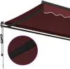 A close-up view of a burgundy awning extended from a building. Produktbild-Vorschau