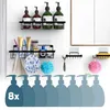 A bathroom scene with shelves holding various toiletries and accessories, and a row of empty pump bottles at the bottom. Náhled obrázku produktu