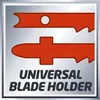 A graphic illustrating a universal blade holder with text. Produktbild-Vorschau