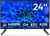 A black flat-screen television with a blue floral image on the screen, displaying various icons and text related to its features. Produktbild-Vorschau