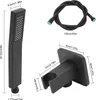 Diagrams showing the dimensions of a black shower head, hose, and holder. Podgląd zdjęcia produktu