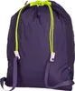 A purple drawstring backpack with green drawstrings and pink buckles. Produktbild-Vorschau