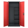 An open metal cabinet with red doors and a gray interior, showing shelves and a hanging rod. Voir les images du produit