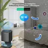 A split image showing a dehumidifier on the left and a bedroom with dust/germs on the right, illustrating the product's function. Produktbild-Vorschau