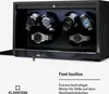 A watch winder with six watches inside, with text overlay describing its features. Produktbild-Vorschau