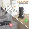 A split image showing a comparison between a messy power strip and a neat power strip tower, with marketing text and graphics. Produktbild-Vorschau