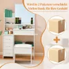 A vanity table with a mirror, stool, and drawers, along with two shipping boxes and text indicating it ships in two packages. Voir les images du produit