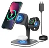 A black 4-in-1 charging station with a phone, smartwatch, and earbuds charging. A power adapter is plugged into the station. Produktbild-Vorschau
