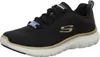 A black Skechers sneaker with gold accents is shown from the side against a white background. Voir les images du produit