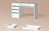 A diagram showing the dimensions of a white desk with gold accents, along with separate diagrams of its drawers. Produktbild-Vorschau