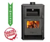 A black wood-burning stove with a glass door and an oven compartment, with flames visible inside the firebox. Produktbild-Vorschau