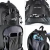 A collage of four close-up images showing different features and compartments of a black rucksack. Náhled obrázku produktu