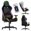 A collage of a gaming chair with RGB lighting, a remote control, and different views of the chair. Náhľad obrázku produktu
