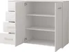 A white sideboard with two doors and four drawers, shown from the front with the doors open. Voir les images du produit