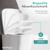 A white toilet seat is shown with multiple ghosted images illustrating its slow-closing mechanism. Text overlays describe the feature. Produktbild-Vorschau