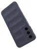 A dark blue phone case with a ribbed texture is shown from a diagonal angle against a white background. Produktbild-Vorschau