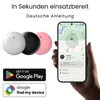 A hand holding a smartphone showing a tracking app, with three tracking devices in the foreground. Produktbild-Vorschau