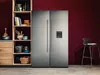 A modern kitchen scene featuring a stainless steel side-by-side refrigerator. Produktbild-Vorschau