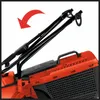 A close-up view of the handle and top of a red and black lawnmower. Náhled obrázku produktu