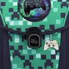 Close-up of a backpack with a pixelated green and dark blue pattern, featuring a gaming controller patch and a keychain. Produktbild-Vorschau